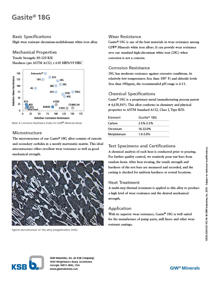 Gasite 18G spec sheet